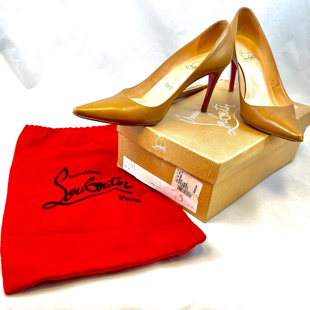 Christian Louboutin pumps in camel. 3” heel. Slight signs of wear. W/ box + bag.